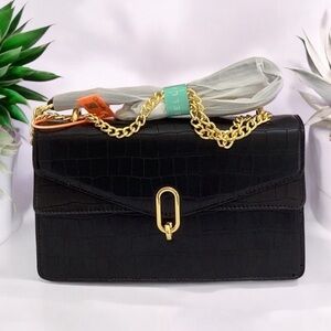 NWT Black Leather Cross Body hand bag purse clutch beautiful quality gold chain